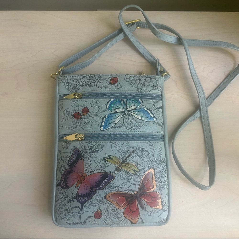 Sale! New Designer Anuschka Light Blue Butterflies & Dragonfly Crossbody